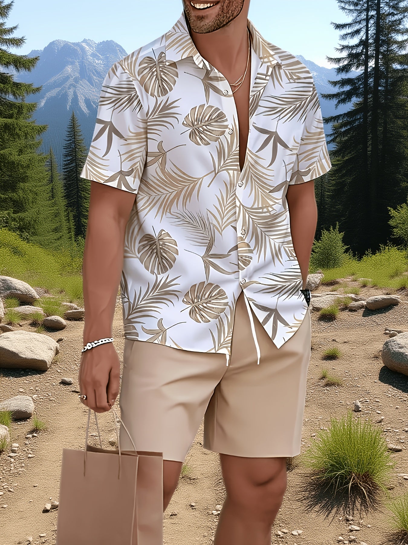 Men's Casual Summer 3D Print Lapel Shirt and Drawstring Shorts Set