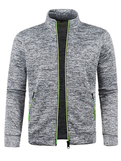 Men's Stand Collar Jacket - Full-Zip Casual Athletic Coat, Light Grey with Lime Accents, Zippered Front Closure for Gym, Office, Everyday - Machine Washable Outerwear, Gym Wear, Sporty Design, Smooth Texture, Lightweight Coat