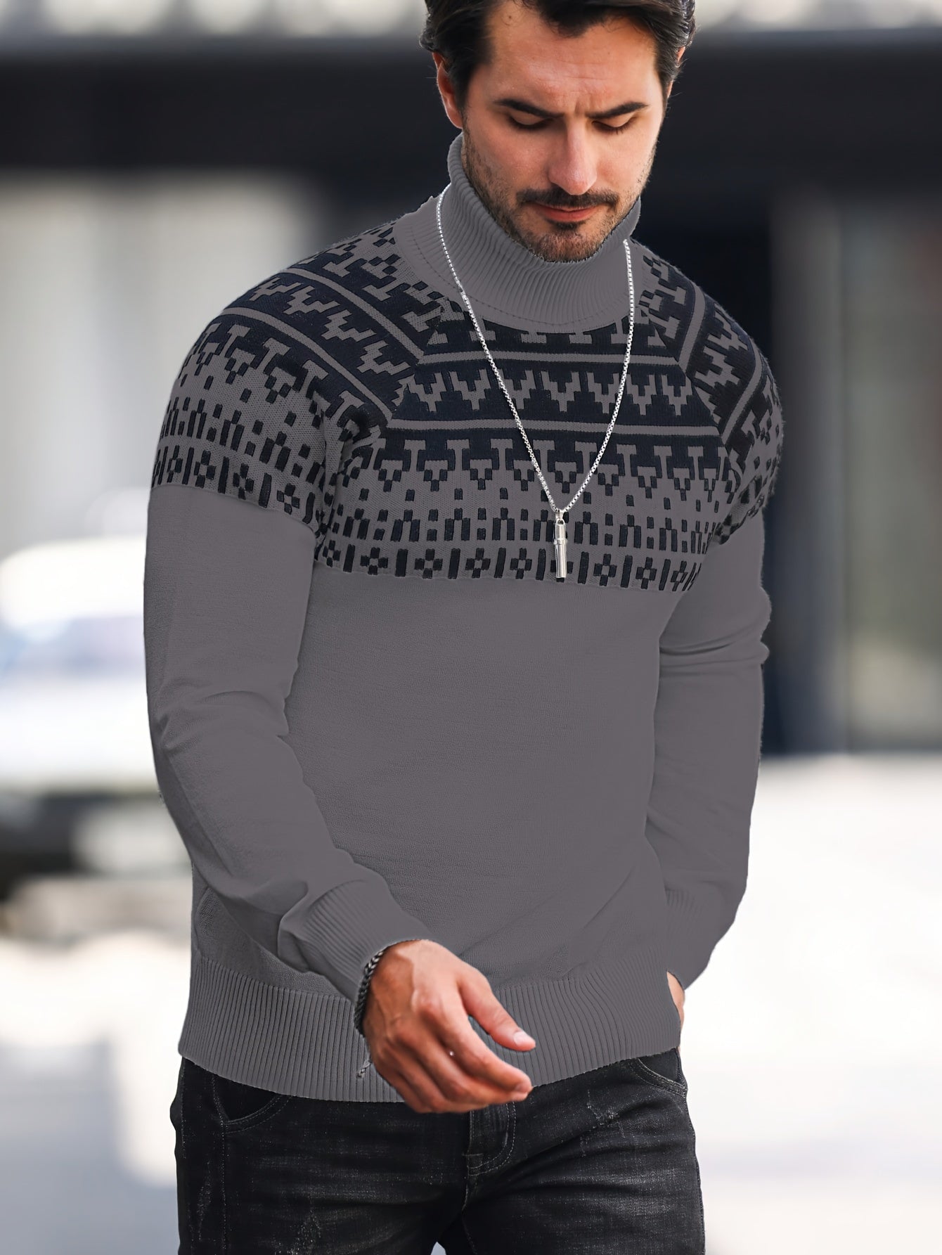 Տղամարդու երկրաչափական գրաֆիկական նախշերով տրիկոտաժե սվիտեր, աշնանային ձմեռային երկար թևքով կրիայով վզնոցով, բացօթյա հագուստի համար