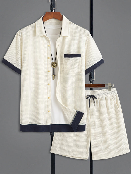 Men'S Casual Fashion Two-Piece Set Featuring a Short-Sleeve Open-Collar Solid Color Spliced Shirt Paired with Solid Color Drawstring Shorts, Made from Soft, Breathable, High-Quality Knitted Textured Fabric, Offering a Trendy
