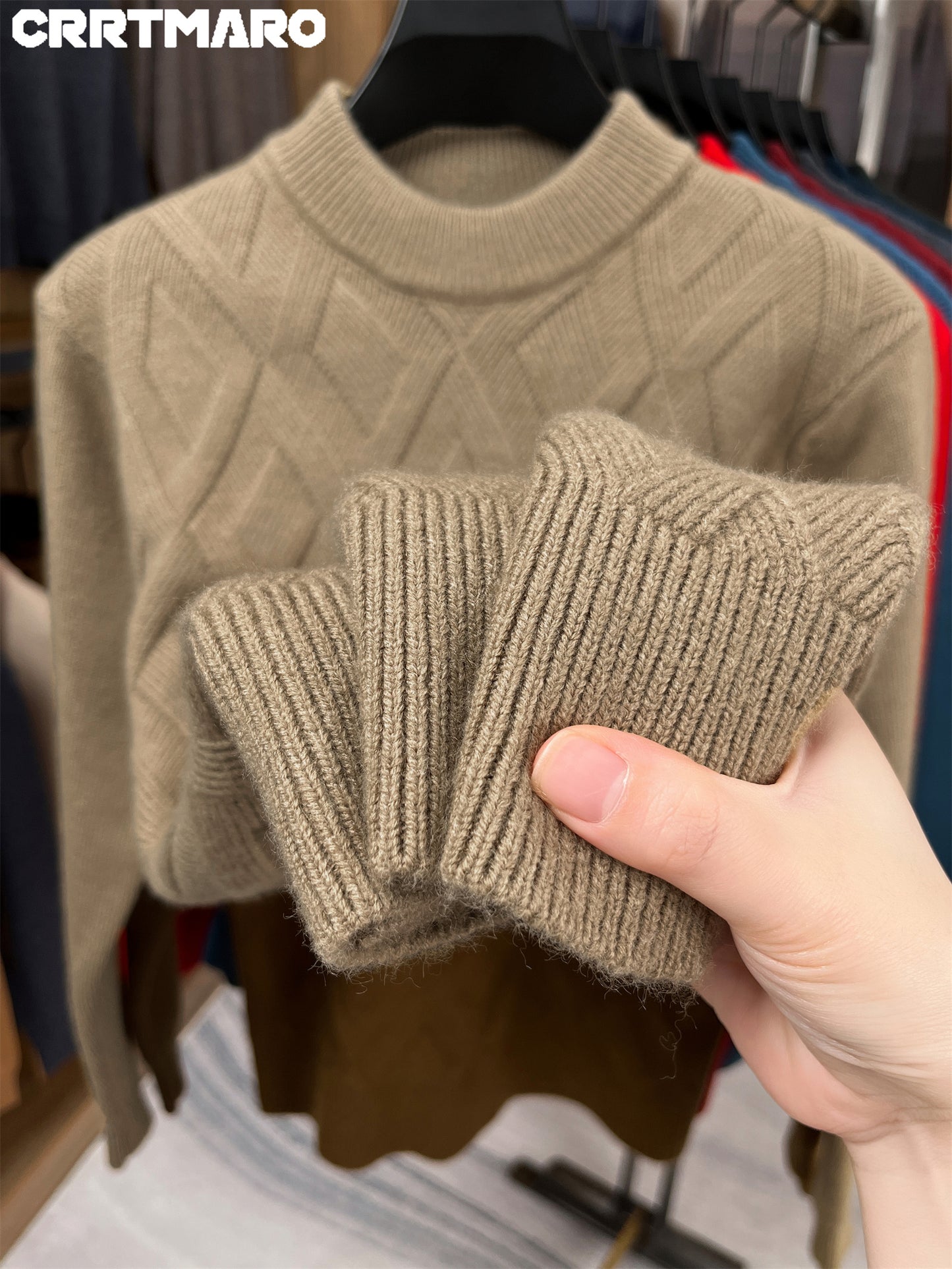 KATMARO ասեղնագործված սվիտեր տղամարդկանց համար, կլոր վզնոցով, տաք աշնանային և ձմռան համար, խիտ բրդյա, կիսաբարձր օձիքով հիմք, Shengyida-ի առօրյա տղամարդու հագուստ