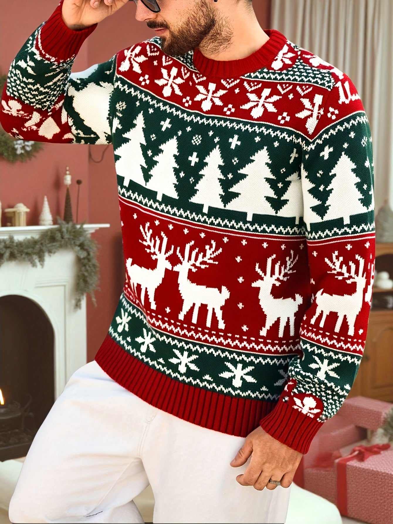 Christmas Theme Knitted Sweater | Warm and Comfortable, Ideal for Self-Wear or Gifting, Crew Neck, Long Sleeve, Acrylic Material, Fall/Winter Season