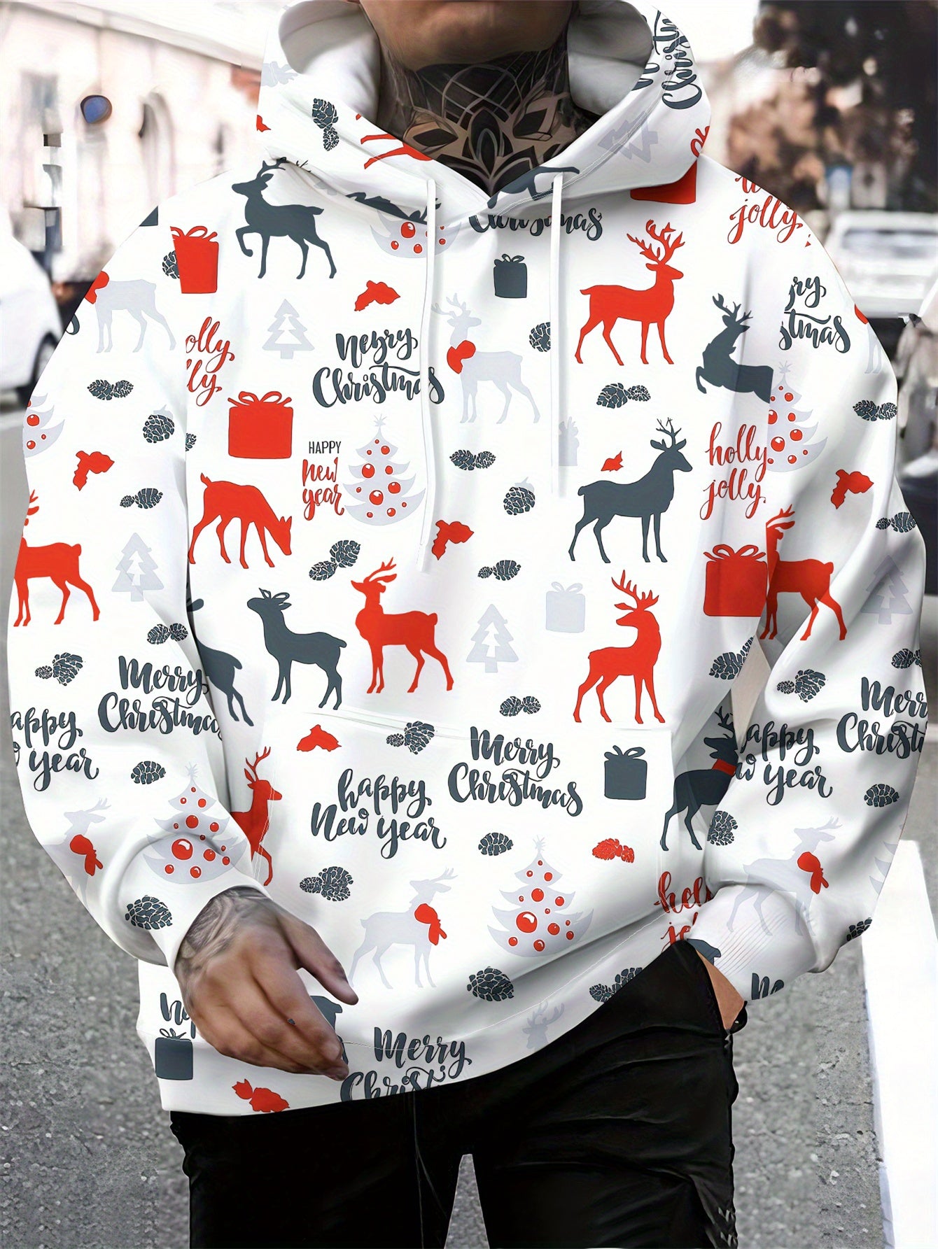 Men'S Christmas Hoodie - Red & Black Holiday Sweatshirt with Merry Christmas Text, Hooded Pullover for Christmas Party Outfit, Casual Winter Clothing - Festive Casual Attire, Christmas Clothes, Seasonal Fashion, Geometric Pri