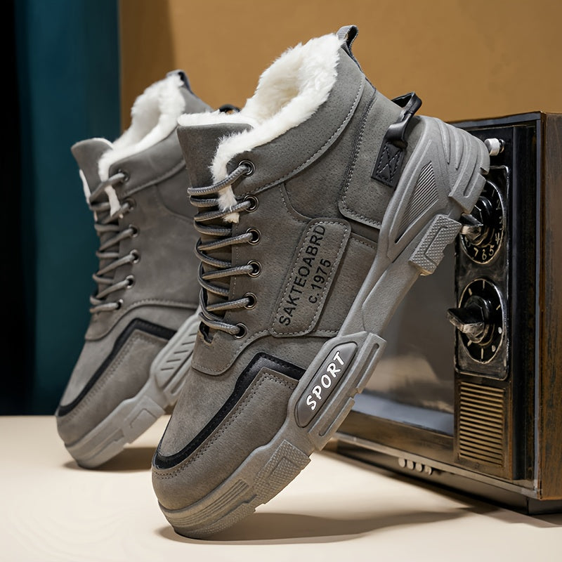 Mid-Top Fleece-Lined Comfortable Warm Gripper Sole Casual Winter Boots for Men and Women, Striped Design. Suitable for Extreme Cold Weather Snowy Conditions with Thick Insulation Lace Closure Anti Slip Durable PVC Outsole Hun