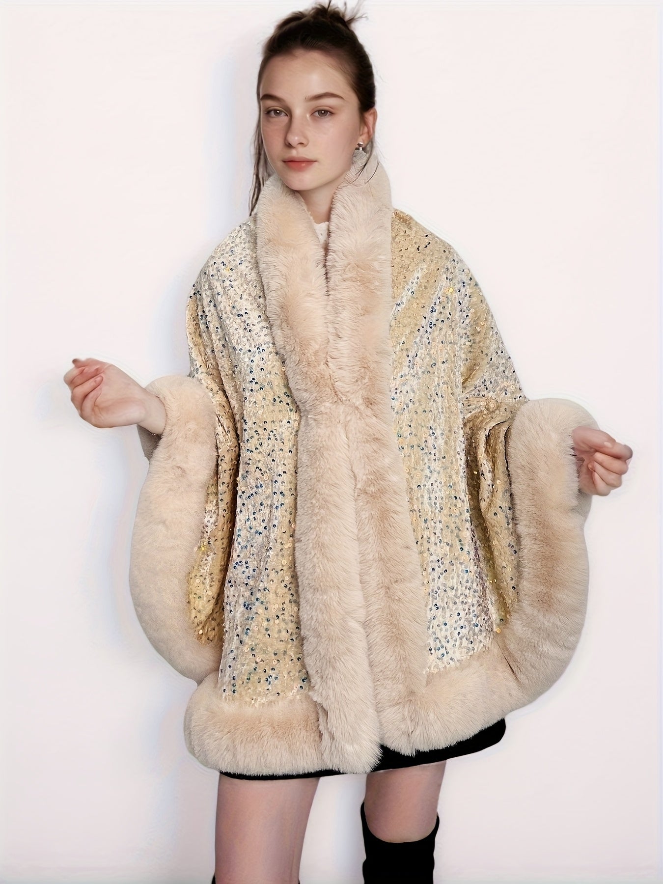 Մեծ չափսի կանացի էլեգանտ շալ-թիկնոց-պոնչո - շքեղ շագանակագույն թիկնոց՝ փայլուն հմայքով, խիտ ձմեռային վերարկու երեկույթների, պաշտոնական միջոցառումների համար՝ չձգվող գործվածք, հեշտ խնամվող էլեգանտ փաթաթան ամենօրյա հատուկ առիթների համար, երեկույթի հագուստ, C