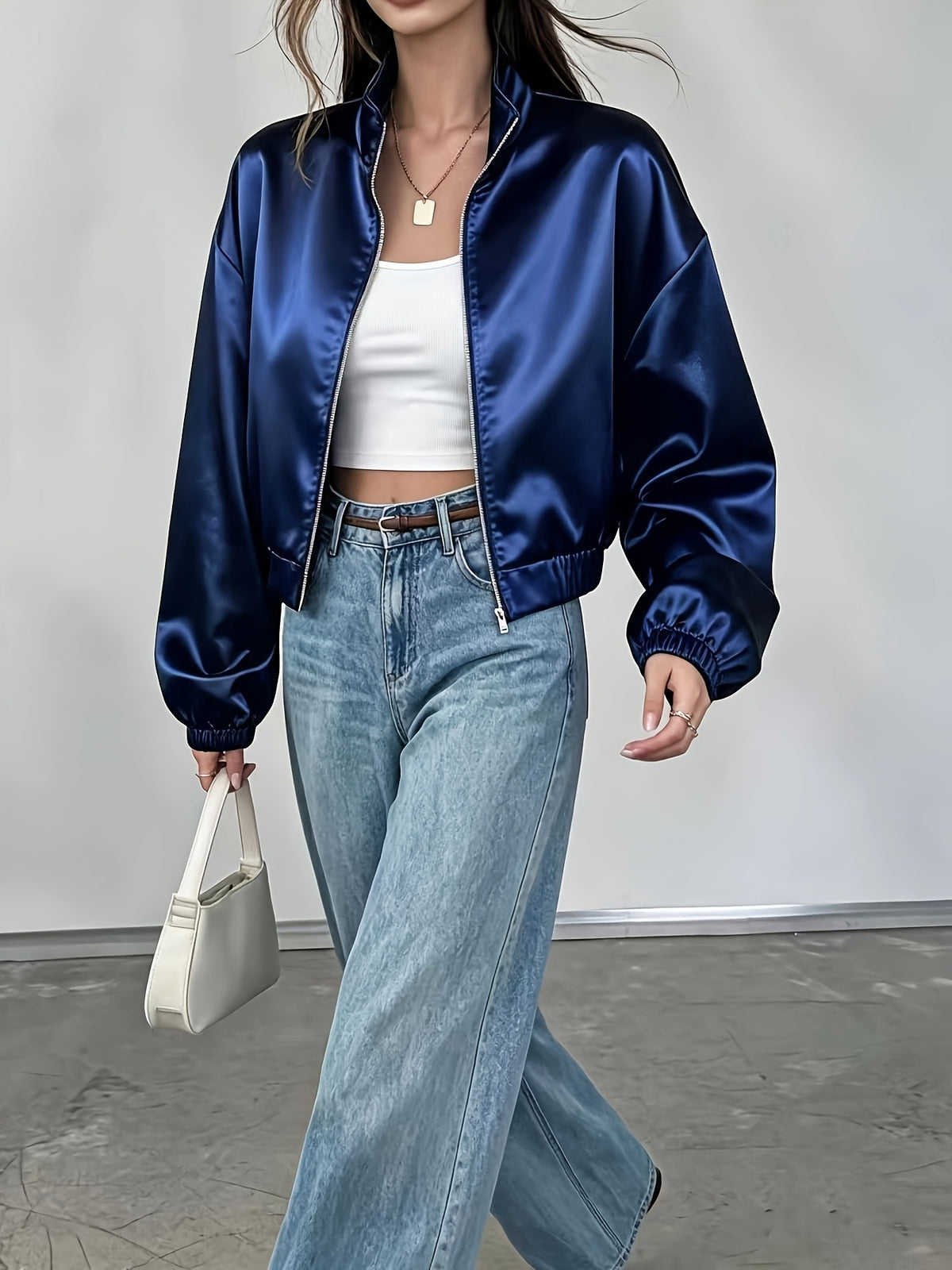 Women's Lightweight Satin Zipper Jacket with Mandarin Collar