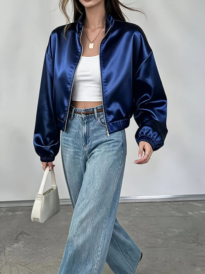 Women's Lightweight Satin Zipper Jacket with Mandarin Collar