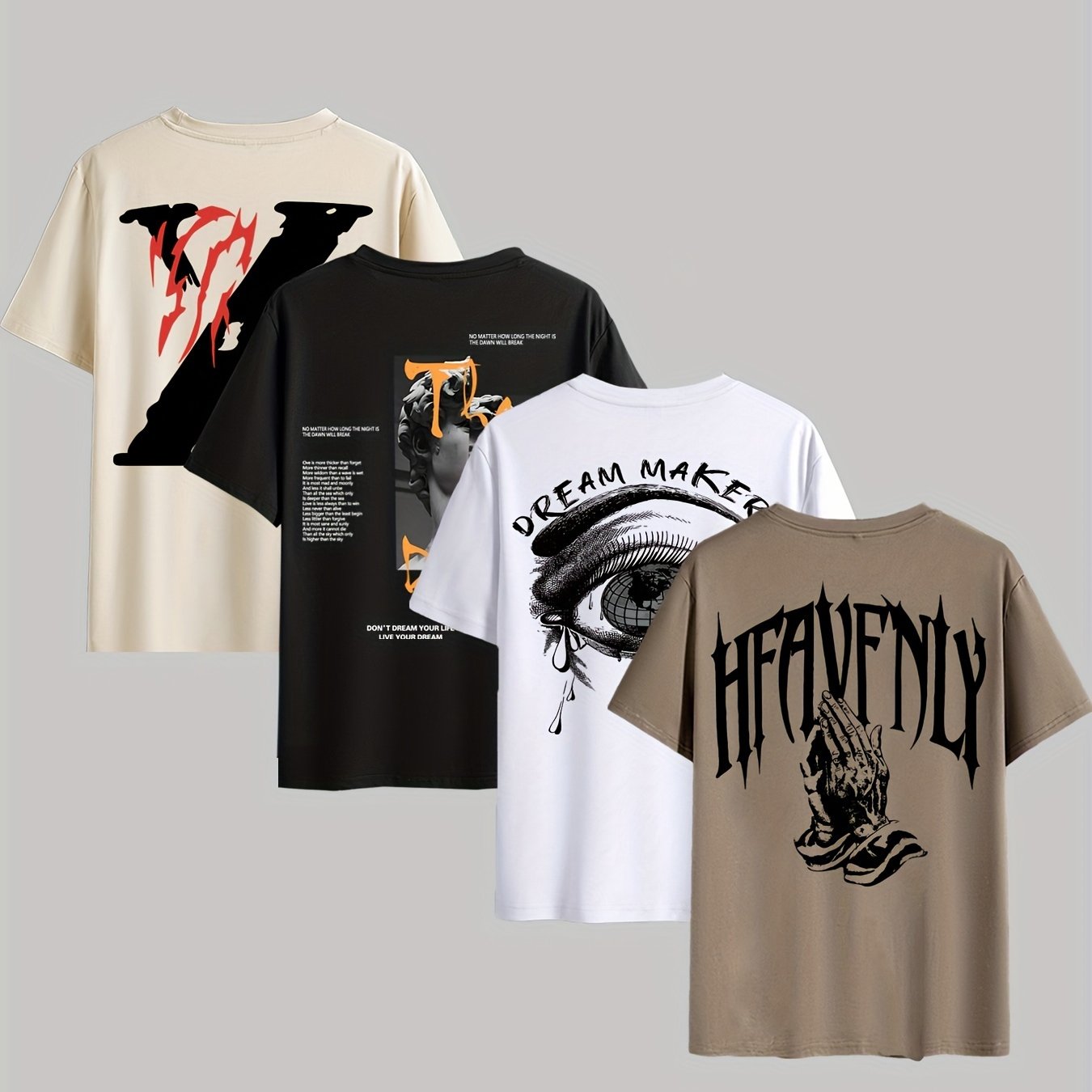 4pcs Men's Graphic Tees - "Heavenly"  More Designs, Casual Crew Neck Short Sleeve T-Shirts in Beige, Black, White - Lightweight Polyester for Summer Outdoor Wear