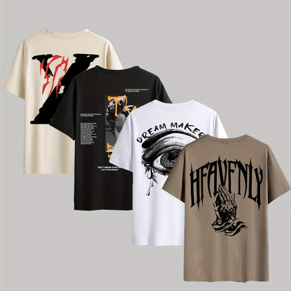 4pcs Men's Graphic Tees - "Heavenly"  More Designs, Casual Crew Neck Short Sleeve T-Shirts in Beige, Black, White - Lightweight Polyester for Summer Outdoor Wear