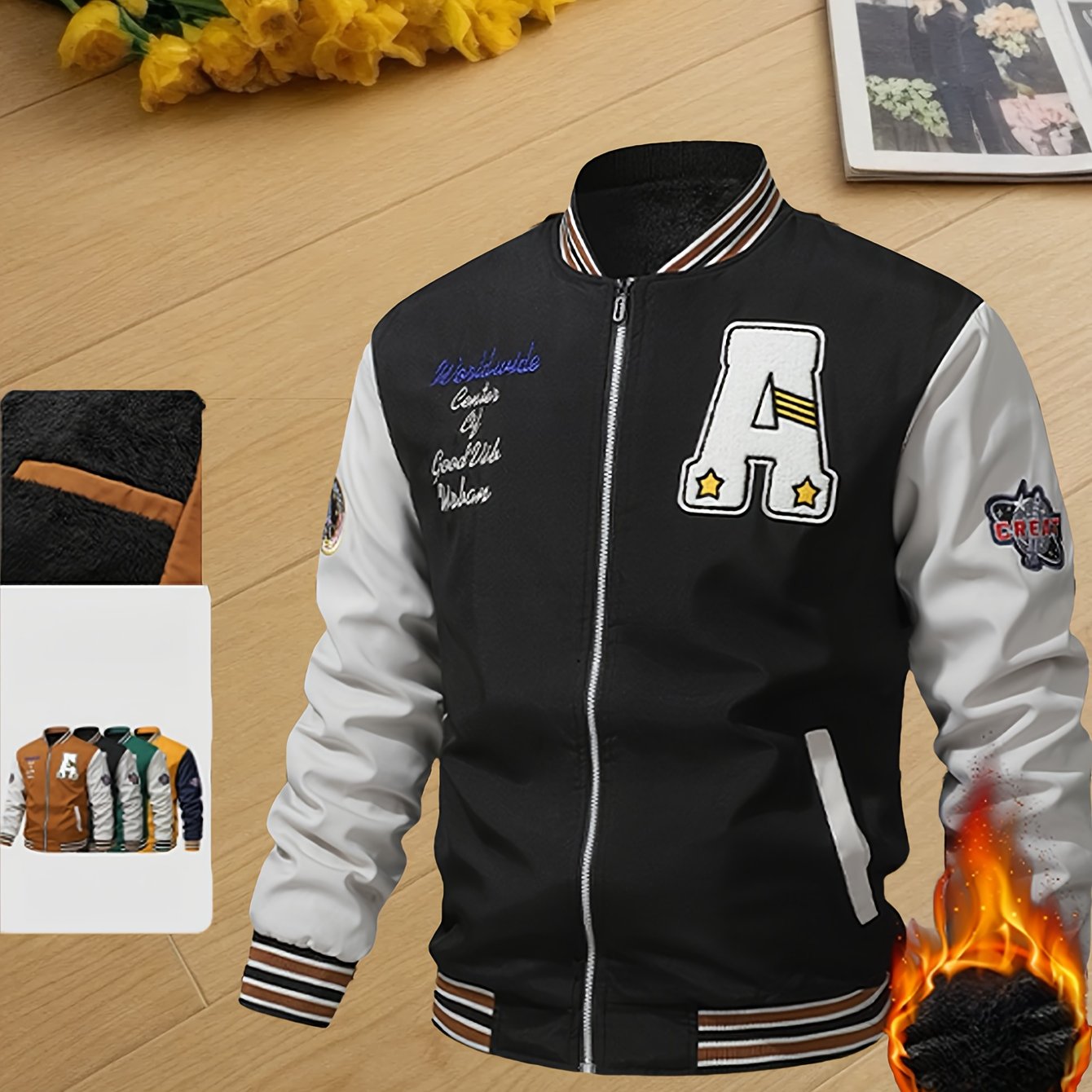 Men's Thermal Insulated Full-Zip Baseball Jacket with Full-Zip Closure - Heavyweight Winter Coat, Brown/White colorblock, Lining - Streetwear Outerwear for Casual & Formal Events - Compatible with Hoodies & Jackets (Men's Fas