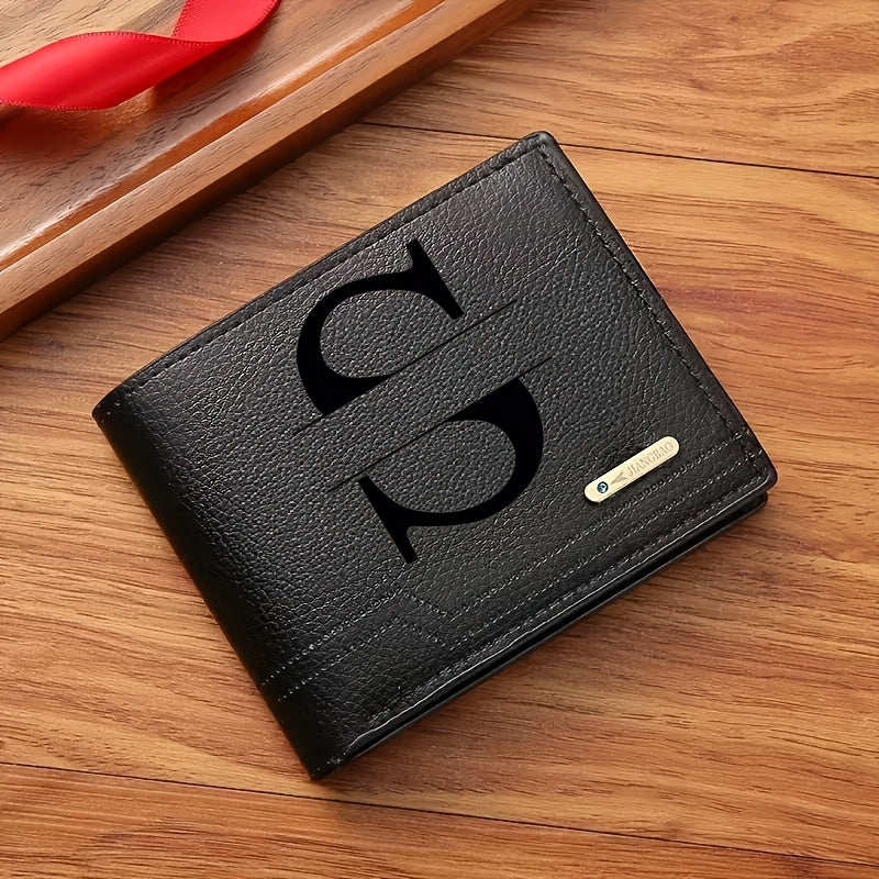 1pc Men's Business Style Faux Leather Wallet, Customizable Text and Initials, Solid Color Faux Leather with Contrast Accents, Compact Short Bifold Design for Easy Carrying - Perfect Birthday Gift for Boyfriend and Father, Per