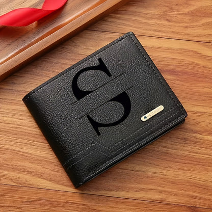 1pc Men's Business Style Faux Leather Wallet, Customizable Text and Initials, Solid Color Faux Leather with Contrast Accents, Compact Short Bifold Design for Easy Carrying - Perfect Birthday Gift for Boyfriend and Father, Per