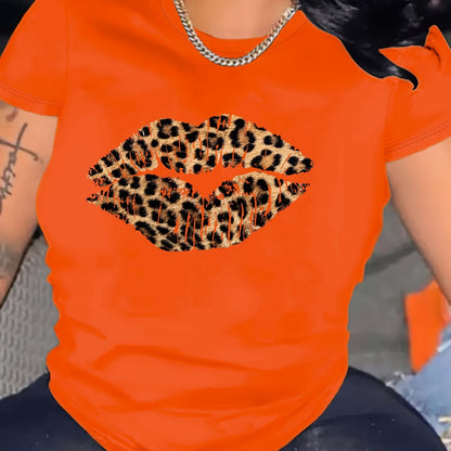 Leopard Lip Print Crew Neck T-shirt, հարմարավետ կարճաթև վերնաշապիկ ամառային և գարնան համար, կանացի հագուստ