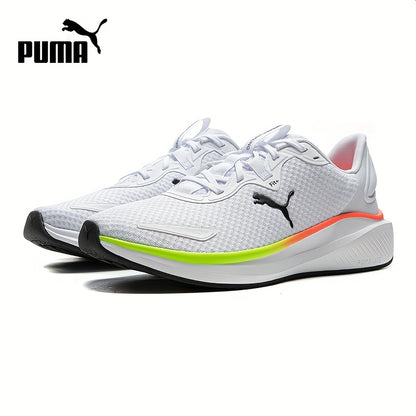 PUMA Unisex Sneakers - Low-Top Gym Sneakers in White/Black/Neon Green Accent - Breathable Fabric Upper  Cushioned Rubber Sole - Lightweight Running Shoes for Men  Women - Ideal for Training, Everyday  Formal Wear, Sporty D