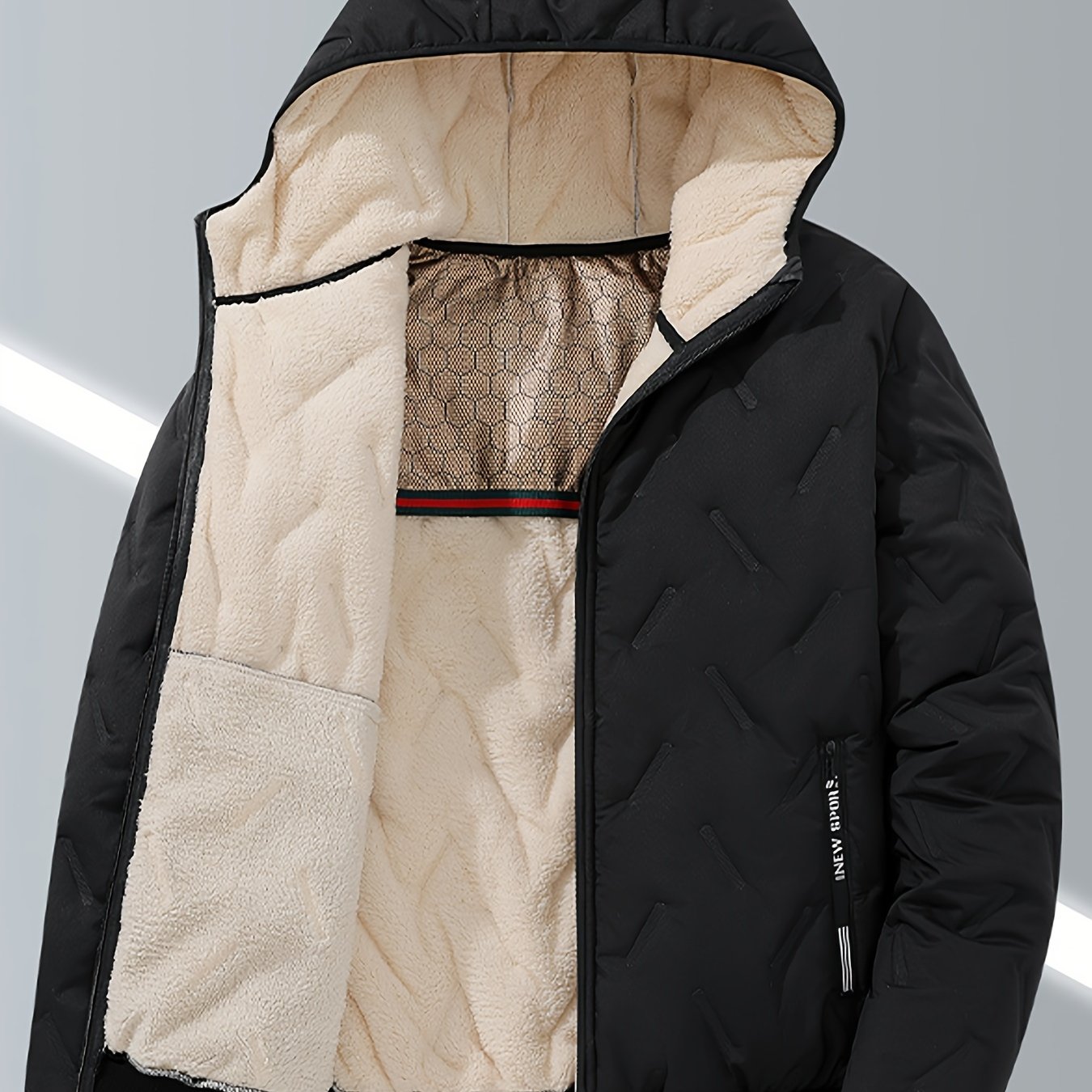 Men's Casual Winter Jacket - Thick Fleece-Lined, Windproof Hooded Coat with Embossed Design, Zip-Up, Solid Color