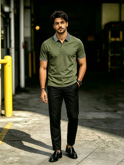 Men's Summer Plaid Collar Polo & Black Pants Casual Set