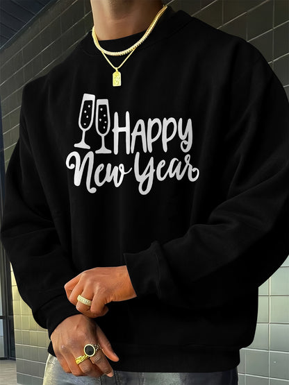 Men's Happy New Year Print Sweater - Champagne Glass & Confetti Design, Round Neck Casual Pullover, Machine Washable Winter Warmth, Comfortable Knit Sweater for Parties & Casual Attire (New Year's Eve Outfits) - Stylish Men's