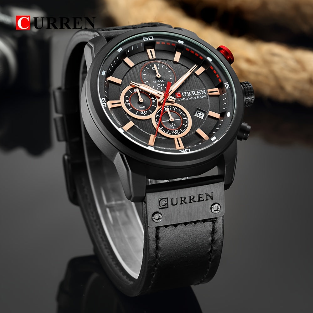Men's Sports Watch With Multiple Functions, PU Leather Strap, And Automatic Date Display