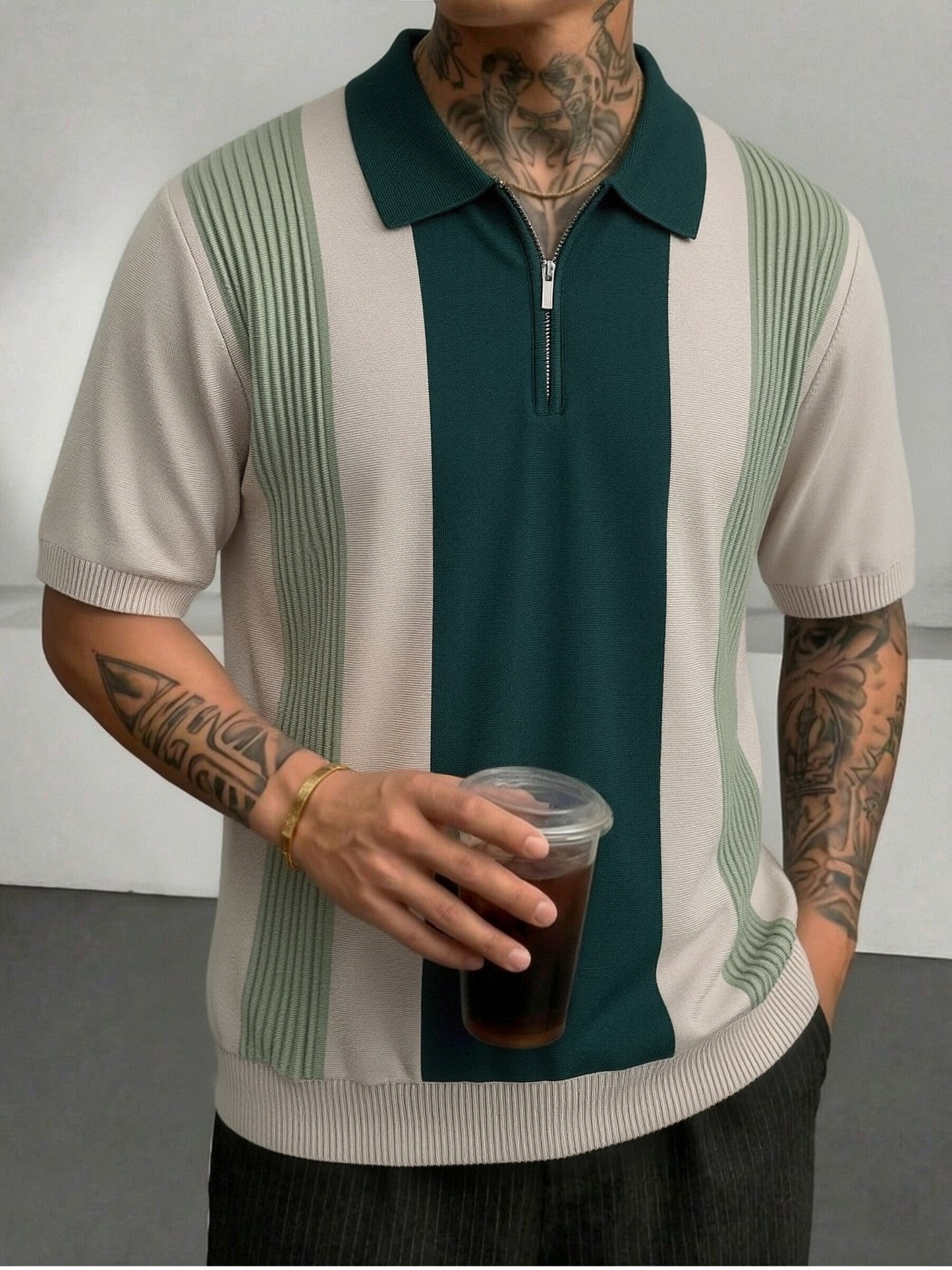 Men's Striped Knit Polo Shirt with Half-Zip for Summer Workwear