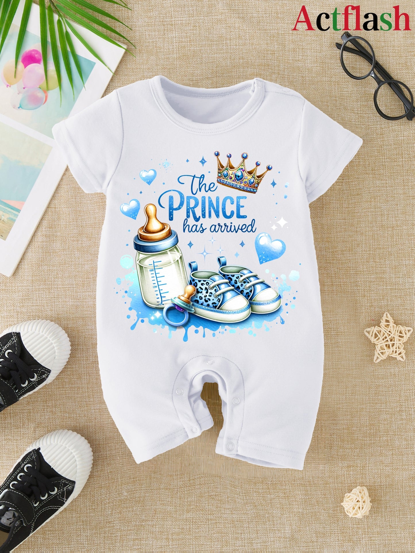 Infant Boys' Summer Romper Bodysuit with Letter Print, Soft Polyester
