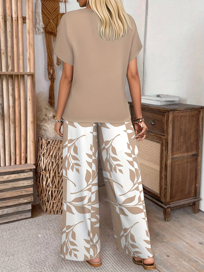 Women's Elegant 2-Piece Set: Bat Sleeve Tee & Wide-Leg Pants