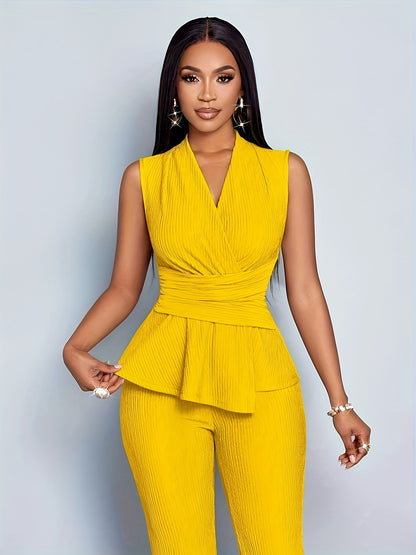 Women's Elegant V-Neck Sleeveless T-Shirt and Wide-Leg Pants Two-Piece Set, Asymmetrical Hem Casual Spring/Summer Outfit