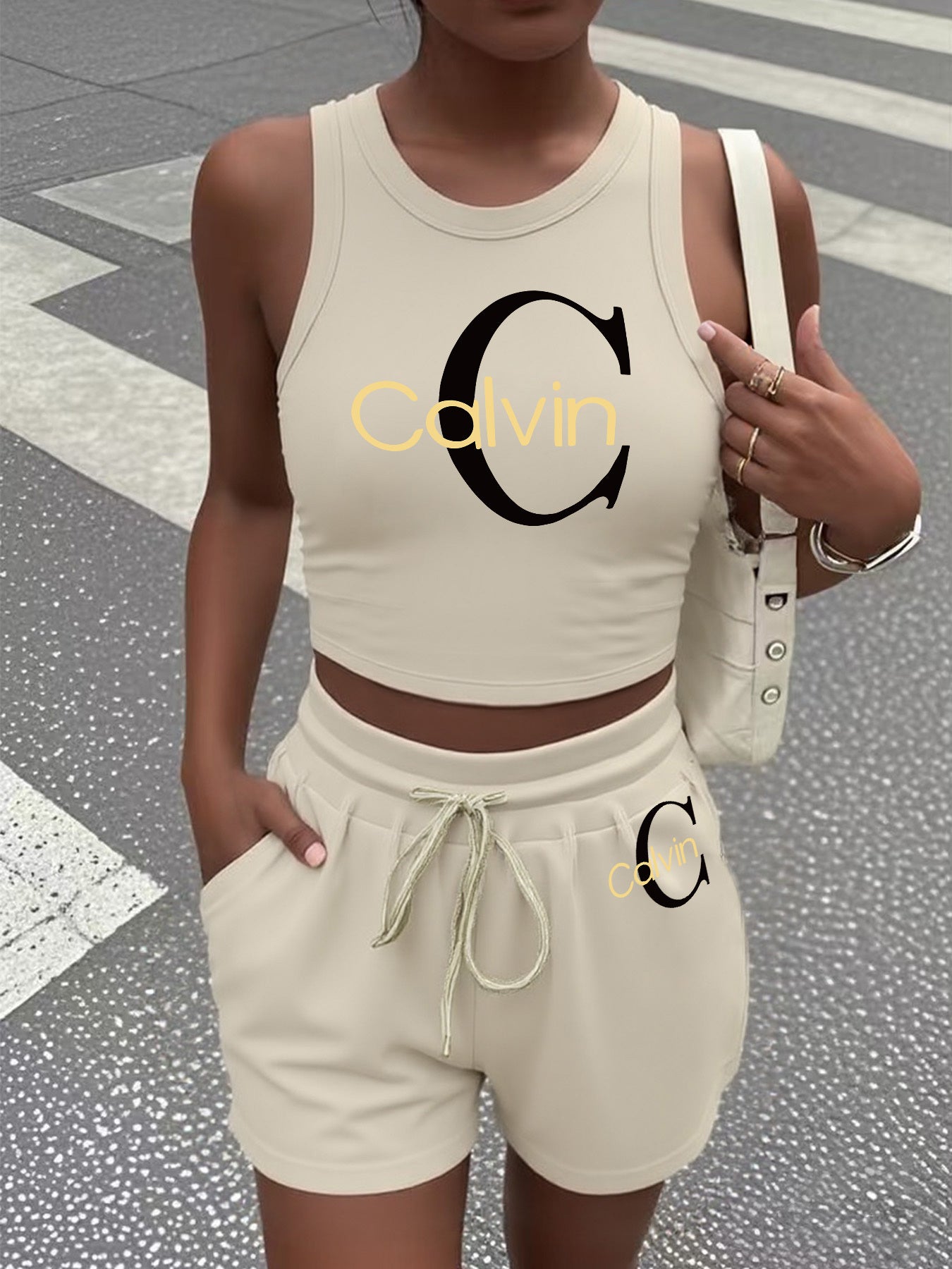 Women's Casual Two-Piece Set with Graphic Print Vest & Shorts