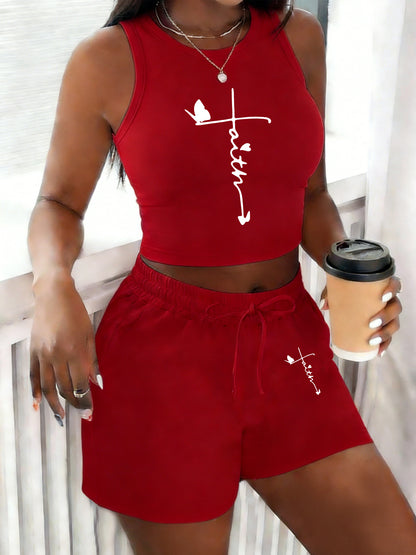 Women's Casual Printed Sleeveless Vest and Loose Shorts Set