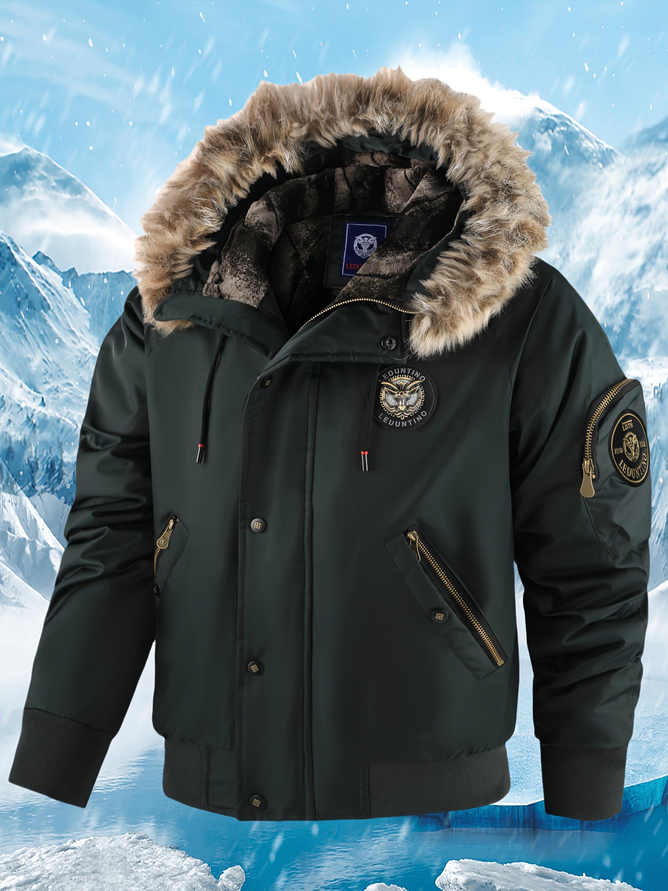 Տղամարդու ձմեռային վերարկու - նոր տաք, գլխարկով բաճկոն՝ ոսկեգույն նախշերով, ազատ չափսի, ցուրտ եղանակի համար նախատեսված ամենօրյա վերնազգեստ, լվացքի մեքենայով լվացվող, հաստ, հարմարավետ փափուկ աստառով