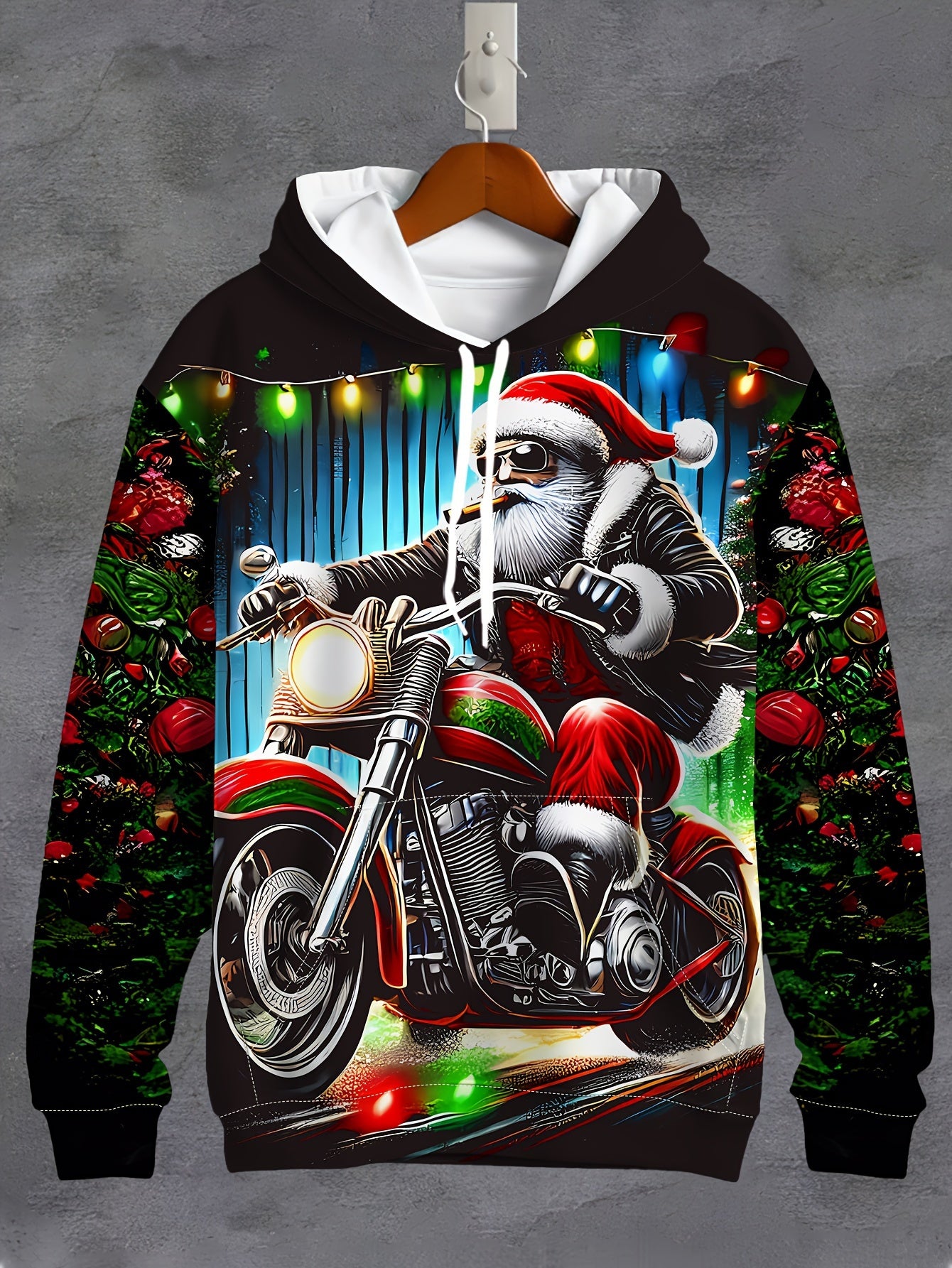 Men'S Christmas Hoodie with Santa Claus Riding Motorcycle & Reindeer Print - Warm Winter Pullover with Kangaroo Pocket, Machine Washable, Regular Fit Casual Long Sleeve Hoodie for Holiday Parties, Home Loungewear & Casual Att