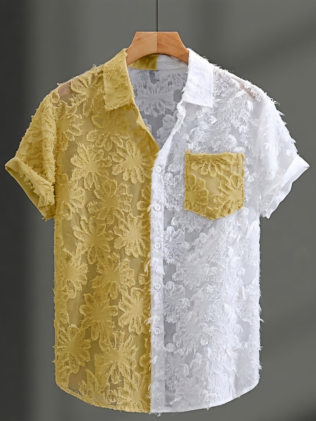 Men's Casual Sheer Lapel Collar Short Sleeve Shirt for Summer