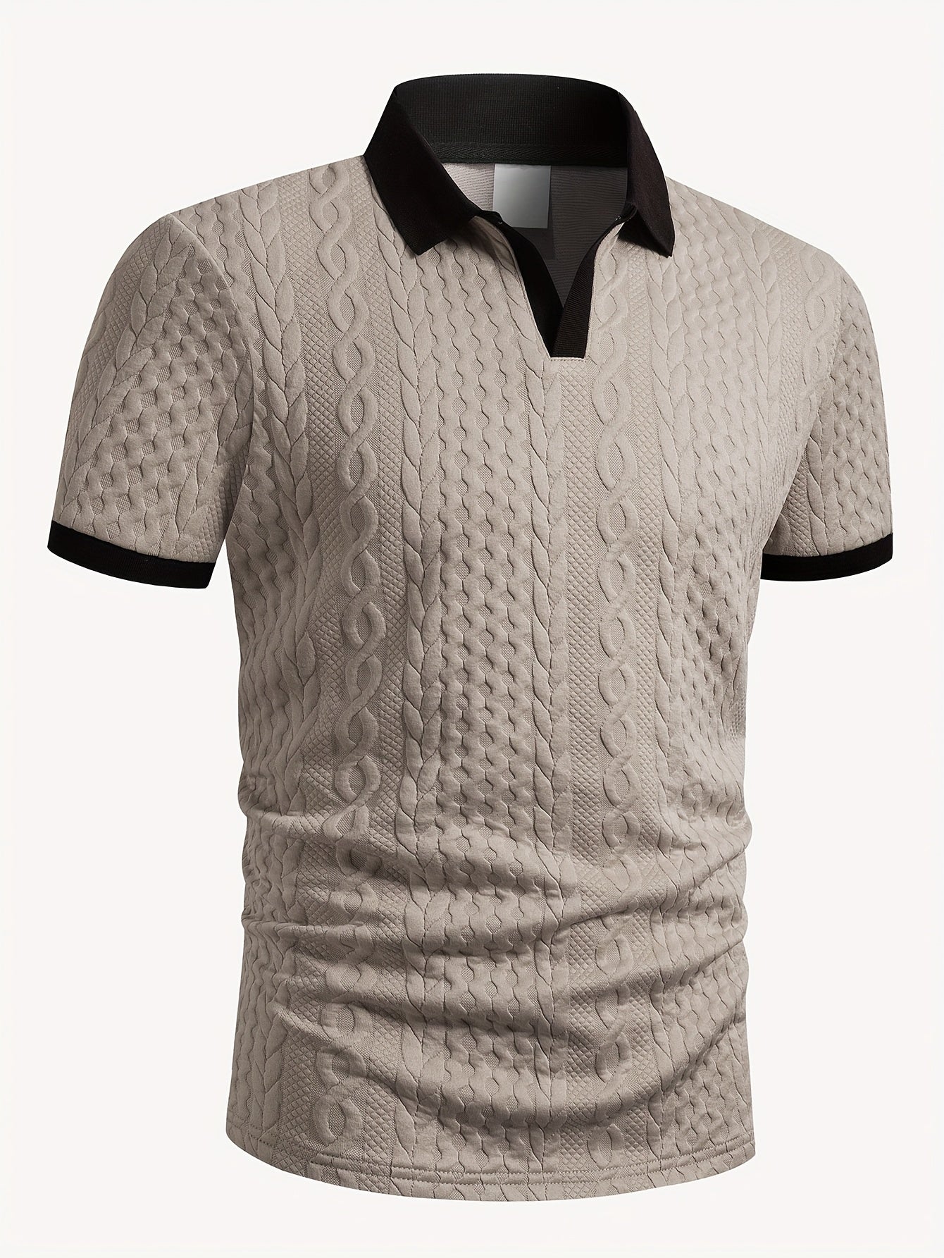 Summer Breathable Italian-style Color-blocked Light-mature Trendy Men's Shirt with V-neck, Slight Stretch, Jacquard Texture, Slim-fit Short Sleeves, Knitted - ayq