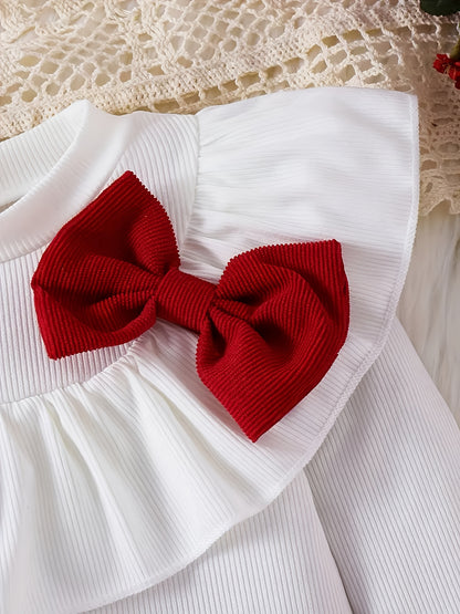 Girls' White Ruffled Sleeve Top & Red Pleated Skirt Set - Sweet Princess Style, Round Neck, Lightweight & Breathable Fabric, Perfect for Spring/Fall, Includes Matching Bow Tie, Ideal for Casual or Special Occasions, Princess