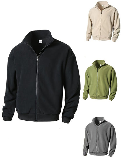 1pc Men'S Casual Sports Fleece Jacket - Solid Color Polyester Knit with Slight Stretch, Stand Collar, Long Sleeve, Regular Fit, Zipper Closure, Daily & Casual Wear
