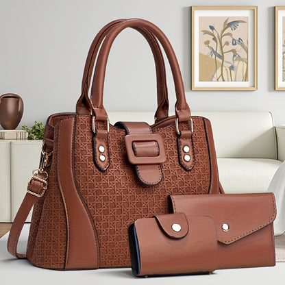 Plaid PU Leather Three-Piece Handbag Set for Women - Stylish & Spaciou