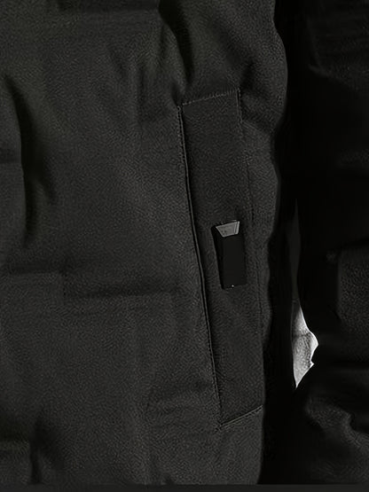 Տղամարդու ձմեռային քամուց պաշտպանող բաճկոն, հաստացված, մեկուսացված, քոլեջի ոճի, գլխարկով վերարկու՝ կայծակաճարմանդով առջևի մասով, գրպաններով և լվացքի մեքենայով լվացվող - Միագույն՝ լեռնագնացության և բացօթյա գործունեության համար