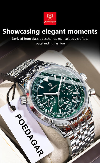 POEDAGAR Men's Luxury Stainless Steel Watch, Chronograph, Calendar, Date Display, Green Dial with Black Bezel & Roman Numerals, Quartz Movement, Casual to Business Style, Suitable for Women