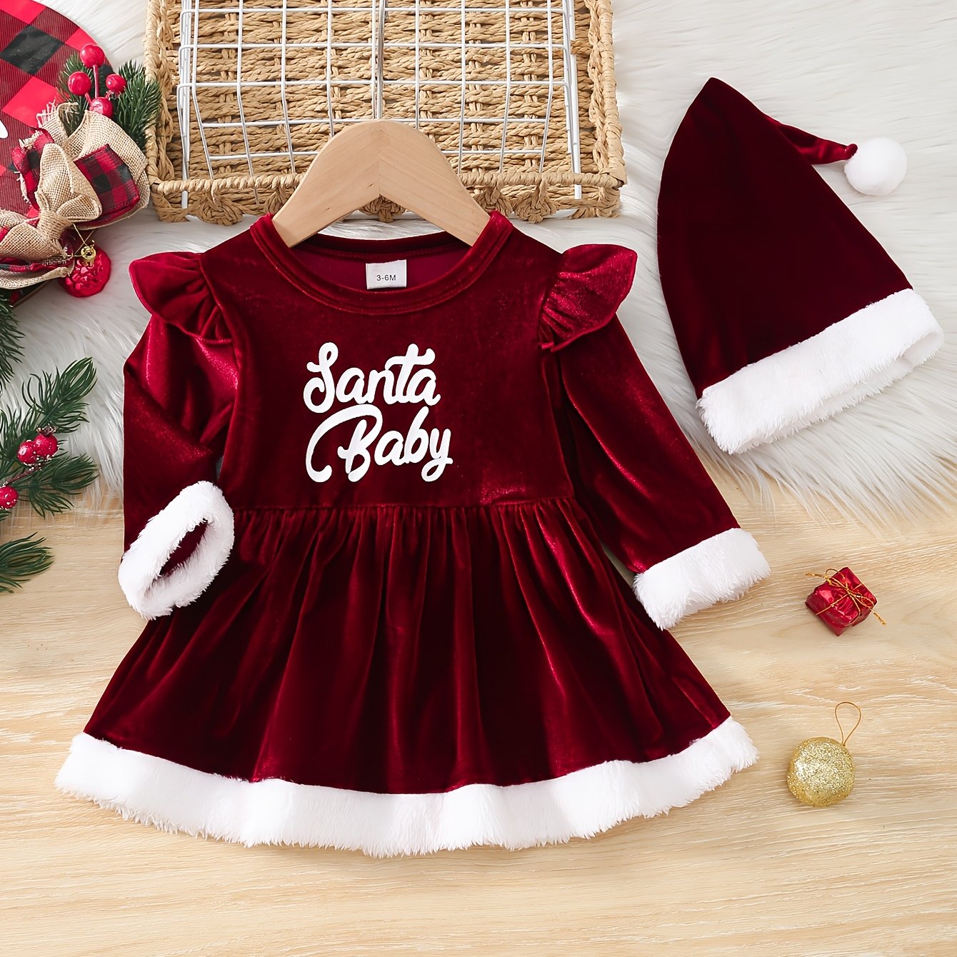 2 հատ ձմեռային զգեստ և գլխարկ - հարմարավետ մորթե տառով հանդերձանք (/), տաք երկար թևքով զգեստ՝ հարմար Սուրբ Ծննդյան համար, լուսանկարահանումներ - լվացքի մեքենայով լվացվող հագուստ