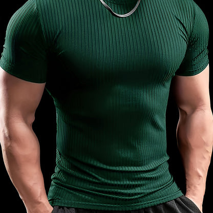 Men's Slim Fit Ribbed Short Sleeve T-Shirt - Stretchy Athletic  Casual Wear, Green, Round Neck, Machine Washable, Muscle-Enhancing Design, Gym Shirts