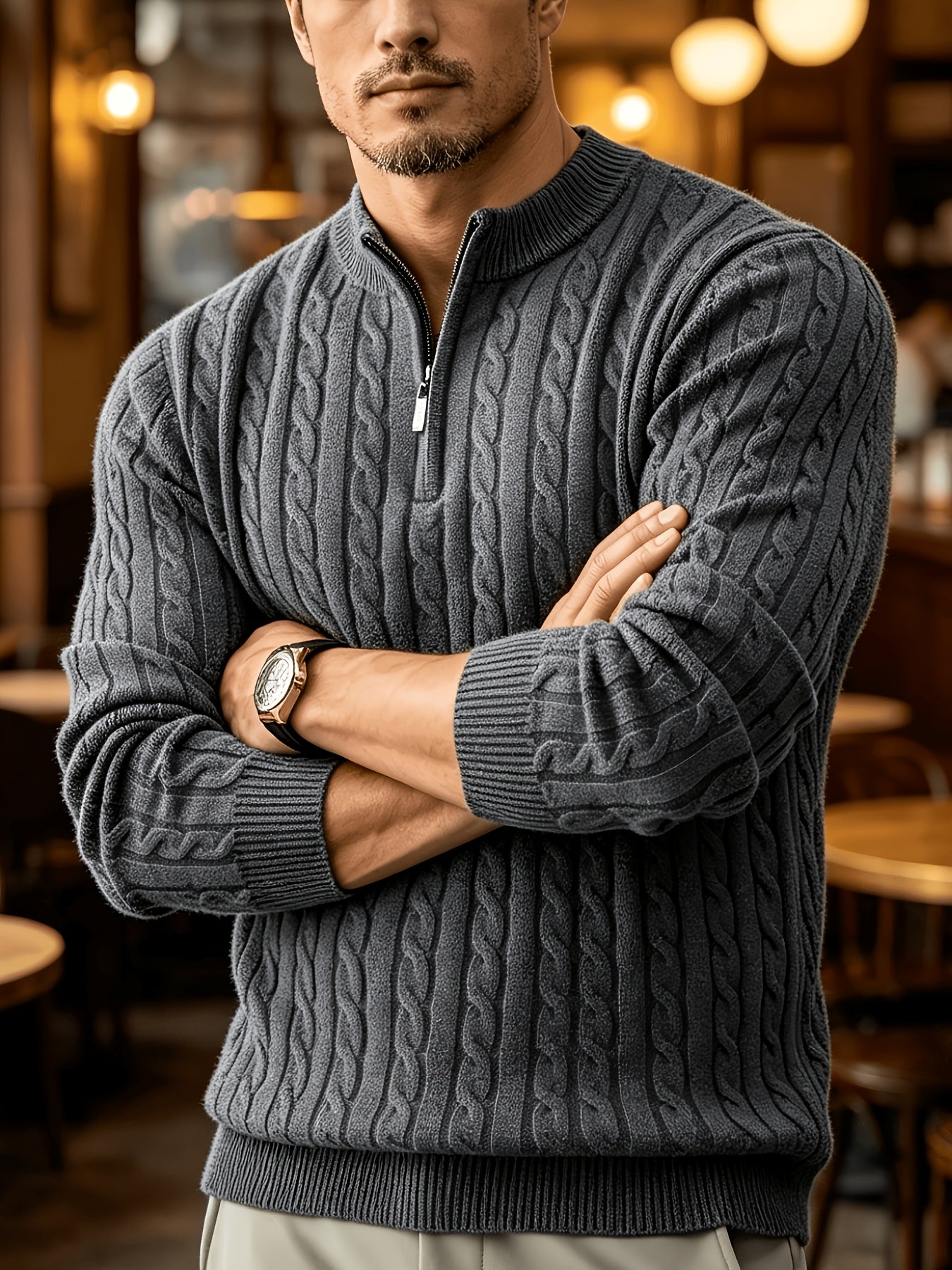 Men's Spring/Fall Half-Zip Stand Collar Cable Knit Sweater