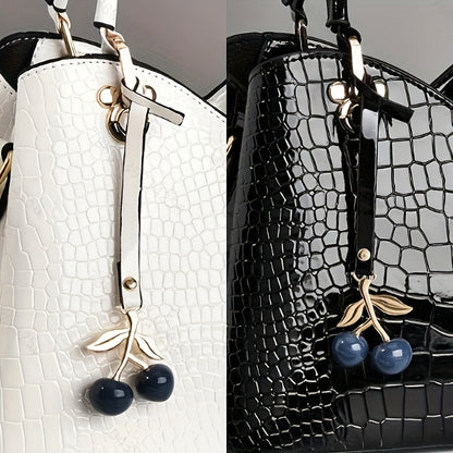 2022 Newest Trendy Women'S Faux Crocodile-Texture Handbag with Cherry Pendant - Stylish Black And Red Shoulder And Handbag, Zip Closure, Polyester Lining, Edge Paint Detail, Handbag|Chic Handbag|Zippered Bag