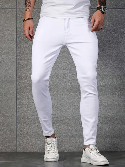 Men's Stretch Denim Jeans - Light Gray, Skinny Fit, All-Season Comfort, Street Style with Button Fly & Pockets