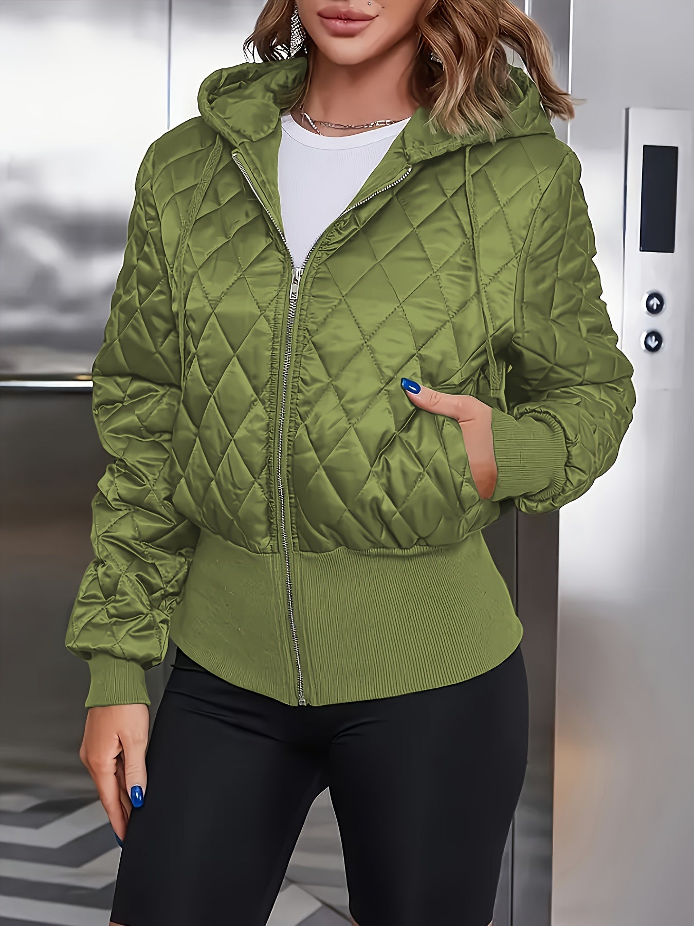 Women's Thick Zip-Up Hooded Jacket - Olive Green Full-Zip Front Closure, Non-Stretchy Structured Fit Coat for Casual, Formal, - Machine Washable Outerwear, Casual Wear, Classic Design, Highquality Material, Office Attire