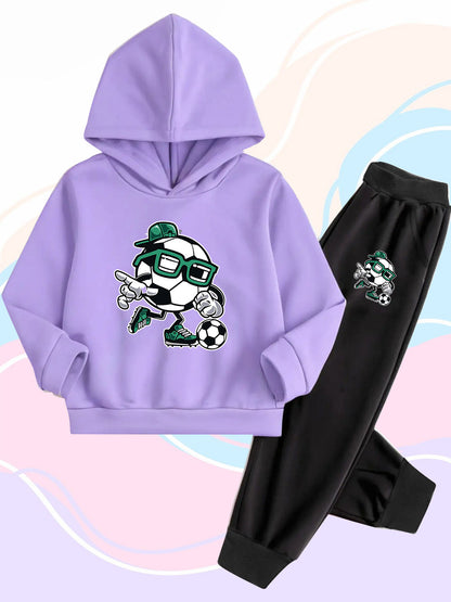 Boys' Cartoon Football Hoodie & Jogger Set - Cotton, Fall/Winter