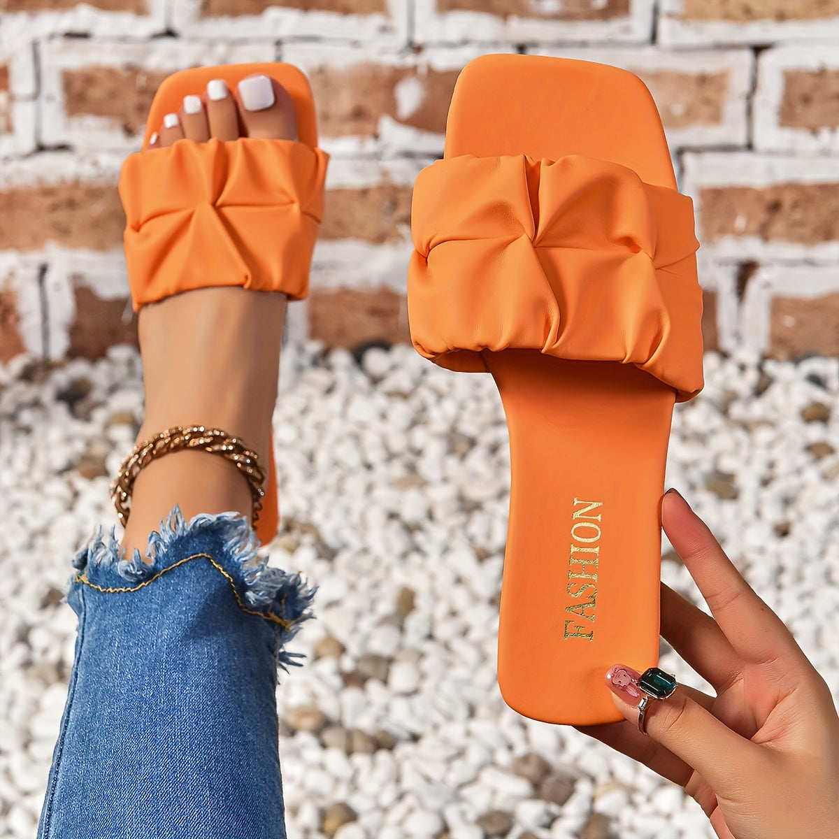 Women's Pleated Design Slide Sandals, Casual Square Open Toe Flat Summer Shoes, Lightweight Slide Sandals