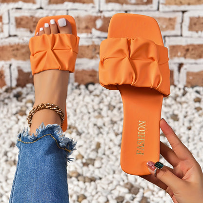 Women's Pleated Design Slide Sandals, Casual Square Open Toe Flat Summer Shoes, Lightweight Slide Sandals