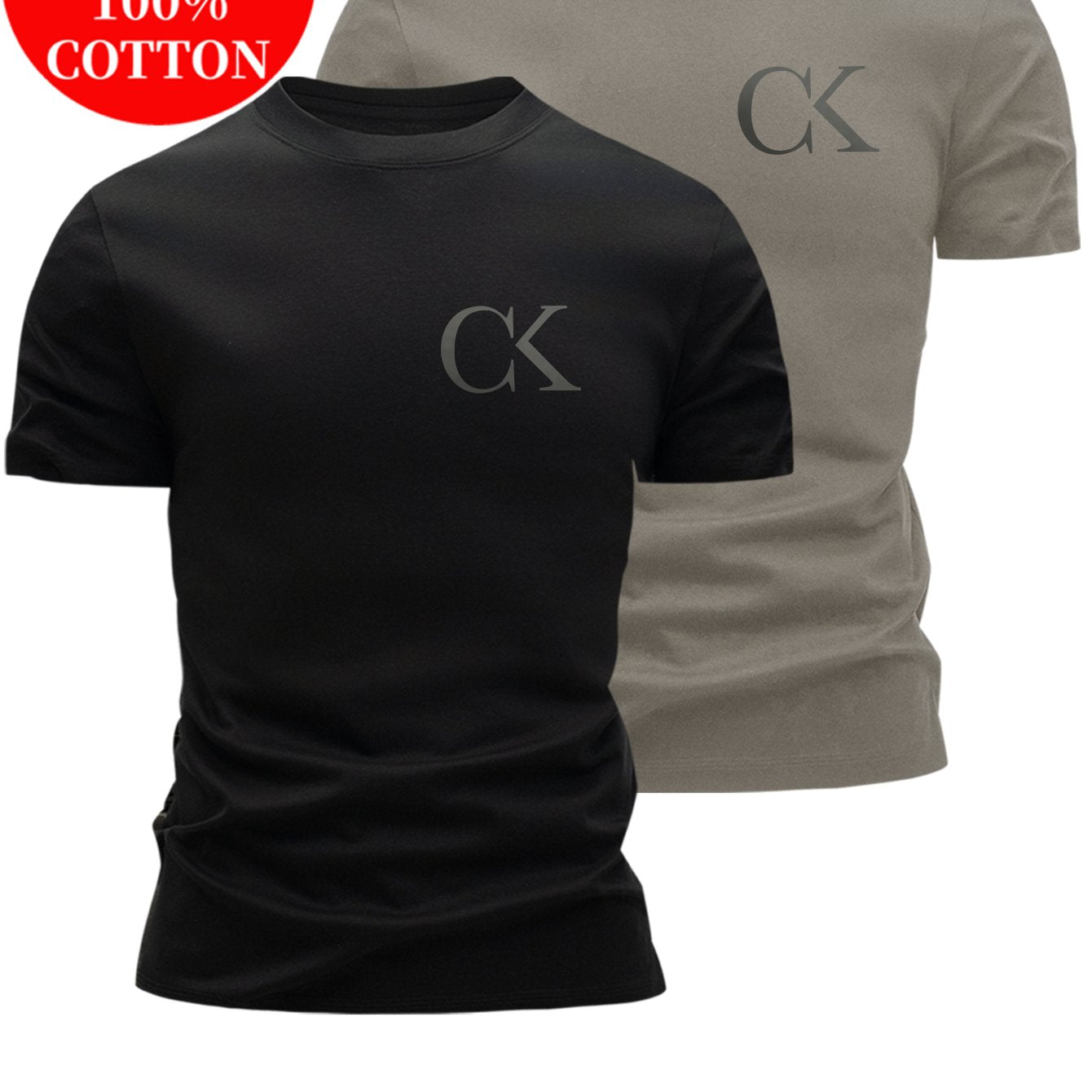 2pcs 100% Cotton Men's T-Shirts, Summer Short Sleeve Slim Fit Tops, Trendy Versatile Casual Basic Style with Minimalist CK Letter Print on Chest for  Flair - ayq