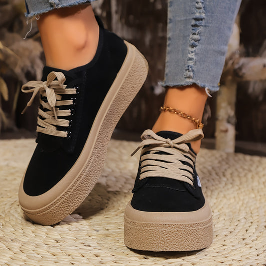 Women's Casual Lace-Up Shoes, Low-Top Round Toe, Black PVC Sole