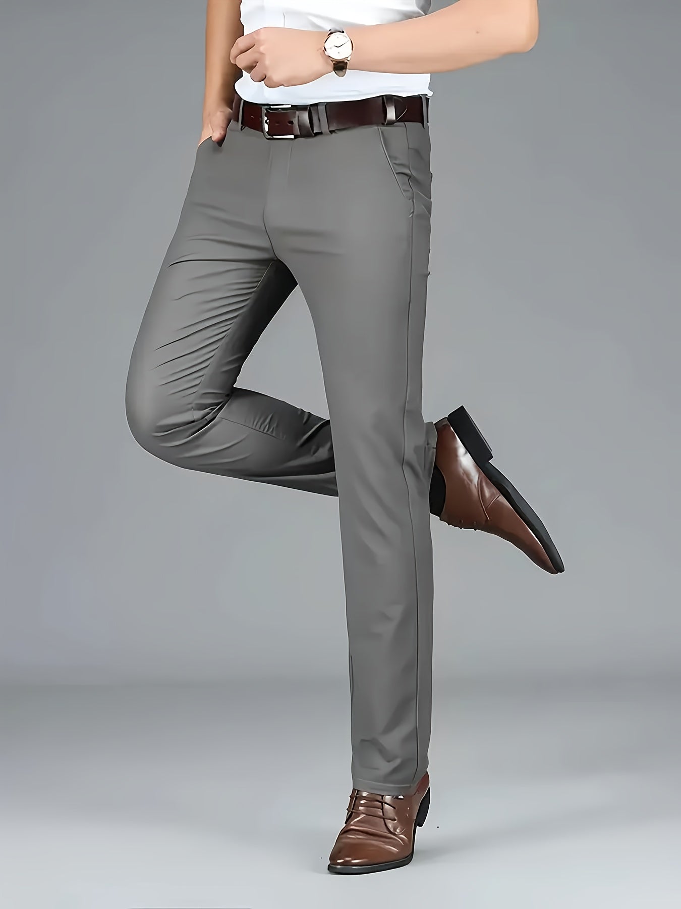 [Durable Build] Men's All-Season Casual Dress Pants - Business Style Stretch Trousers, Comfortable Classic Design, Light Brown Polyester Blend, Machine Washable, Smooth Finish, Regular Fit for Office or Leisure Wear