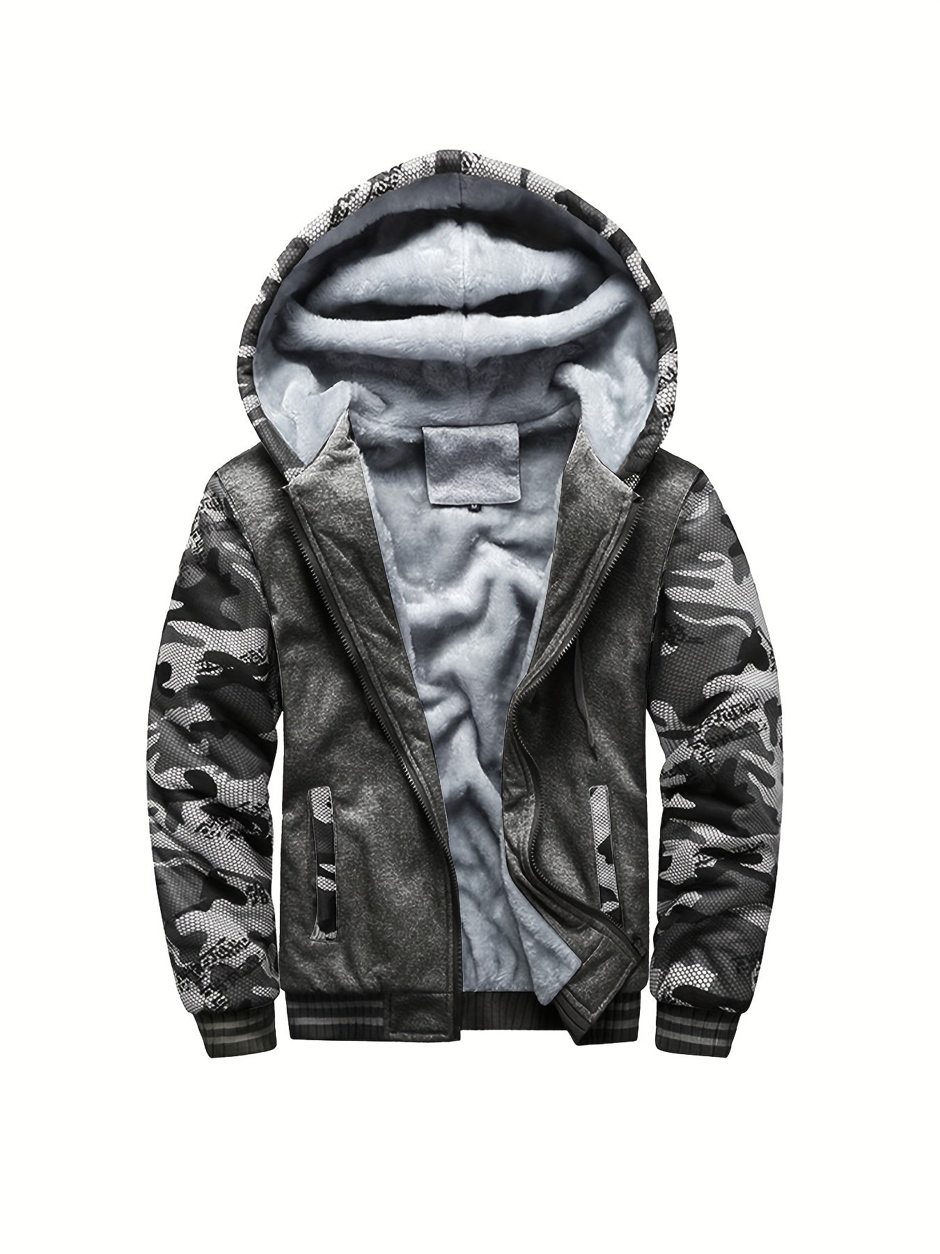 Color Block Sherpa Lined Men's Hooded Jacket, Casual Long Sleeve Hoodies With Zipper, Gym Sports Hooded Coat For Winter Fall